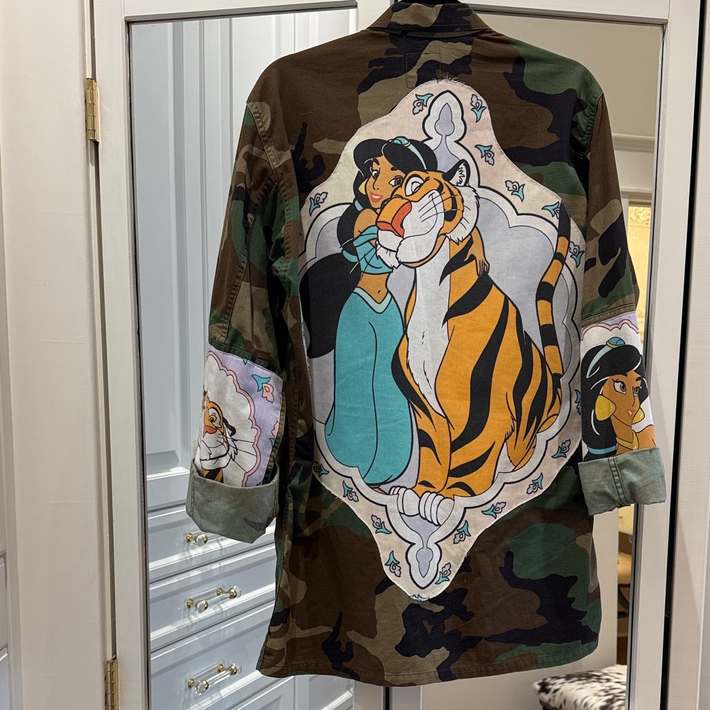 Camo Jean Jacket With Princess And Tiger Graphic - Green / Brown